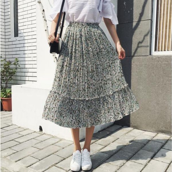 

womens elastic waist midi chiffon skirts summer new vintage floral print pleated skirt for women ladies casual all-match lm118, Black