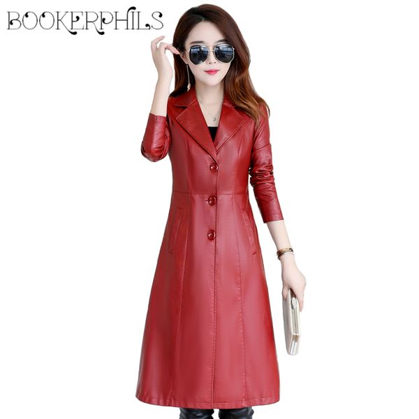 

long leather jacket women winter autumn 2019 elegant slim ladies washed pu leather trench coats female outerwear plus size 5xl, Black