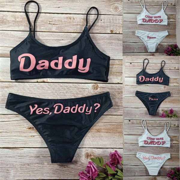 

2019 fashion new women letter print swimmer suit push-up pad fashion swimwear bathing beachwear sets m#3, White
