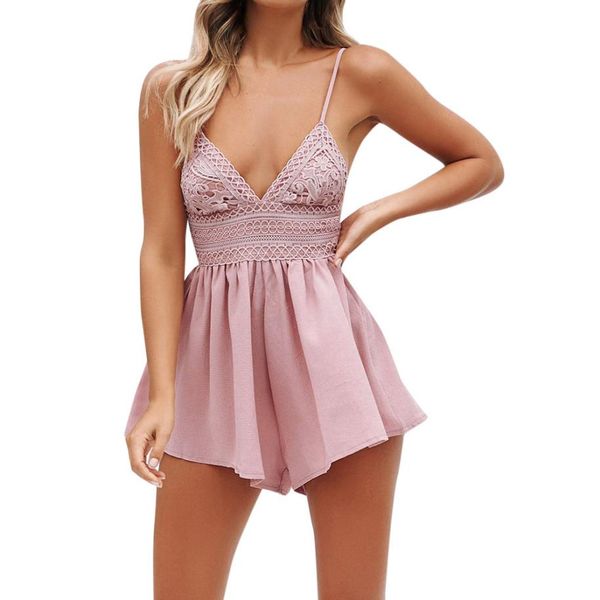 

elegant summer rompers for women fashion bowknot backless beach jumpsuit ladies sleeveless v-neck lace playsuit shorts #jo, Black;white