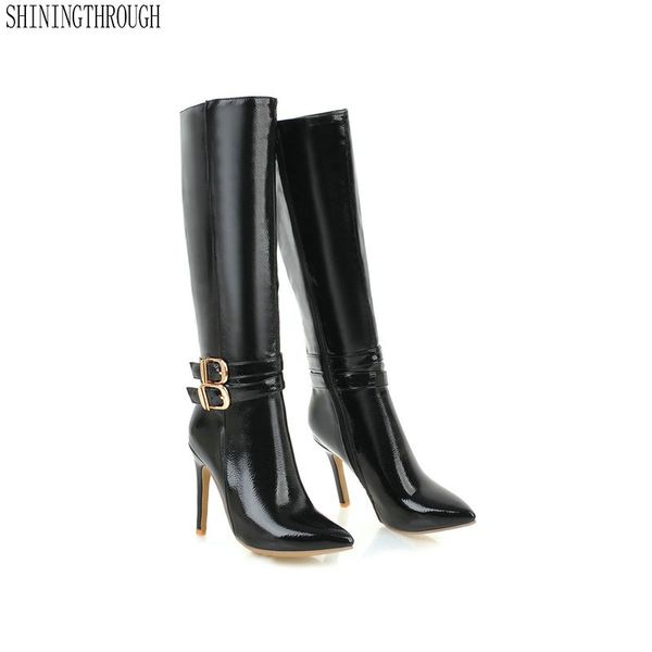 

new high heels woman knee high boots ladies autumn winter boots poined toe party dress shoes woman large size 41 42 43, Black