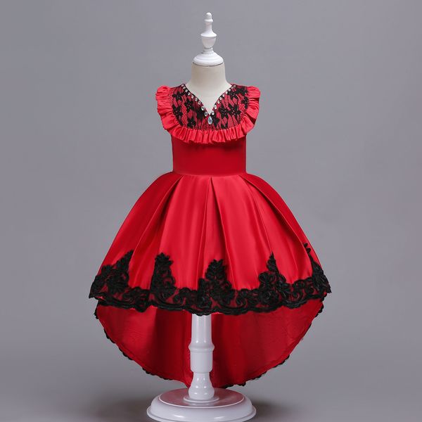

2019 girls satin trailing princess dress kids sleeveless ruffle collar ball gowns rhinestone formal gowns lace applique dresses, Red;yellow