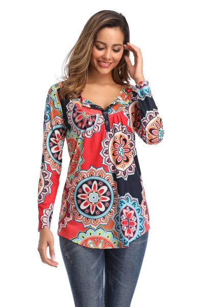 

fashion vintage floral print blouse shirt 2019 fashion cotton t shirts v neck women shirts casual loose chemise, White