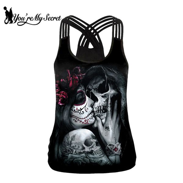 

you're my secret] 2019 summer skull girl digital print women's tank fantastic gothic style sling backless vest, White