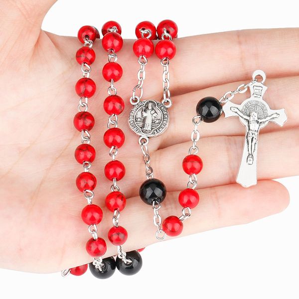 

memorial catholic natural red natural rosary necklace jesus cross five decade rosary st. benedcit religious jewelry, Silver