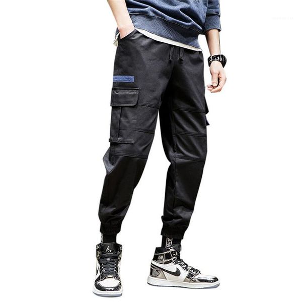 

с многоногими карманами брюки уличный стиль мужские повседневные брюки карго свободные контрастные цветные шнуровка мужские брюки, Black