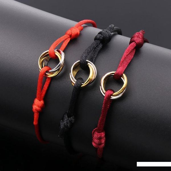 

мода любовь шарм браслеты красная нить ручной работы макраме rope bangles куб micro три круга циркон любовь браслет женщина мужчина jewelry, Golden;silver