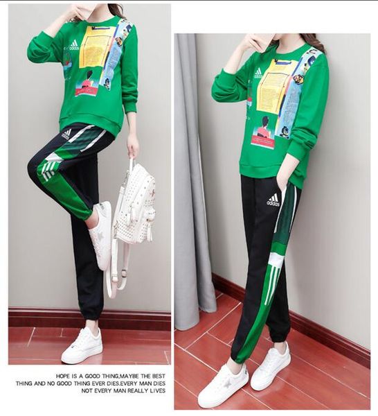 

2019addias women sports tracksuit gym outfit printed casual sports suit retro sportwear long sleeve zipper coat leggings sets, Gray