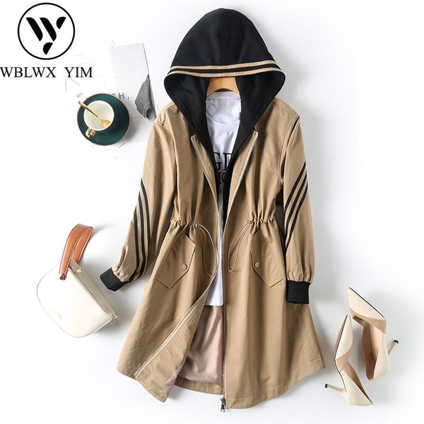 

spring autumn new hooded long trench coat women fashion zipper letters stripe slim trench female korean pleated casual outerwear, Tan;black