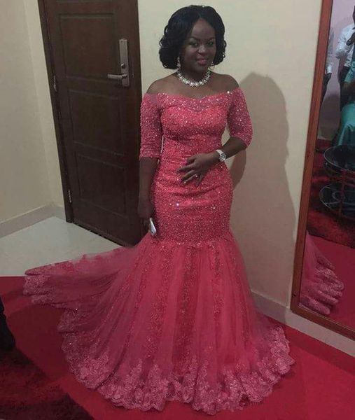 

african black girls fuchsia mermaid prom dresses sheer applique lace half sleeve off shoulder women prom party gowns