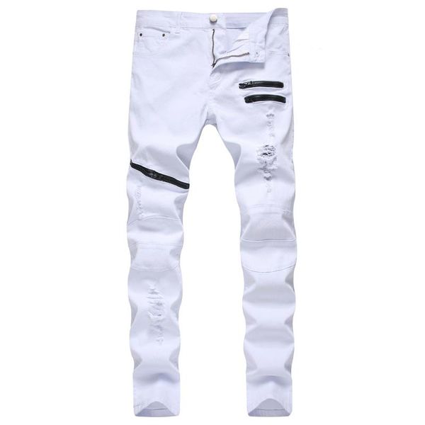 

new white men's jeans straight denim jeans zippers pockets male pants slim plus size, Blue