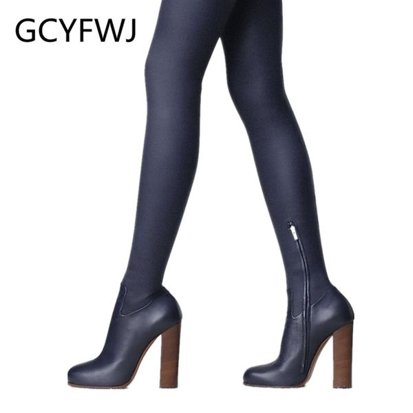 

gcyfwj knee-high boots genuine leather chunky heel women autumm tighten botas mujer stretch boots fashion over the knee, Black