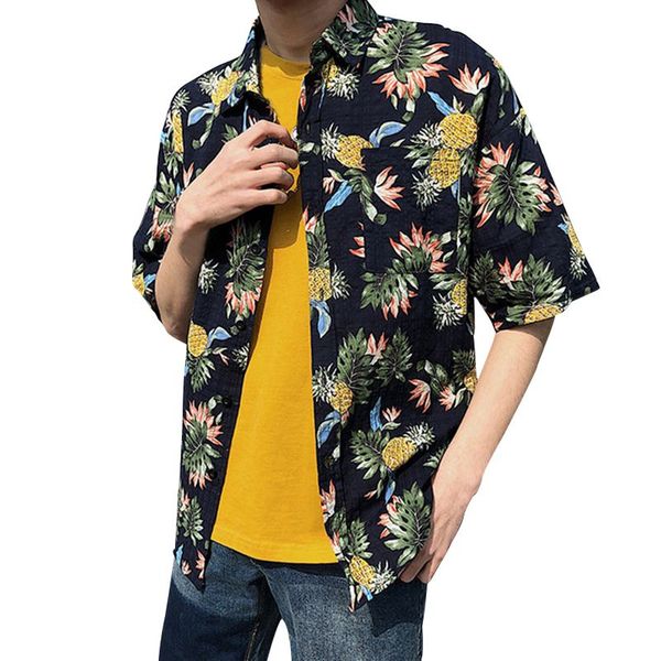 

men fashion summer short sleeve leaves flower pineapple print loose shirt male hawaiian style beach shirt, White;black