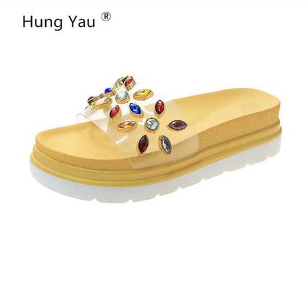 

slippers shoes for women sandals transparent bling colorful rhinestones flip flops summer casual woman flats female slide, Black