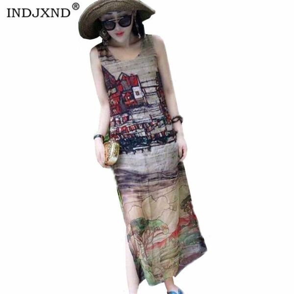 

indjxnd summer dress women painting print o neck sleeveless ankle-length loose maxi long beach bohemian vintage side split dress, Black;gray