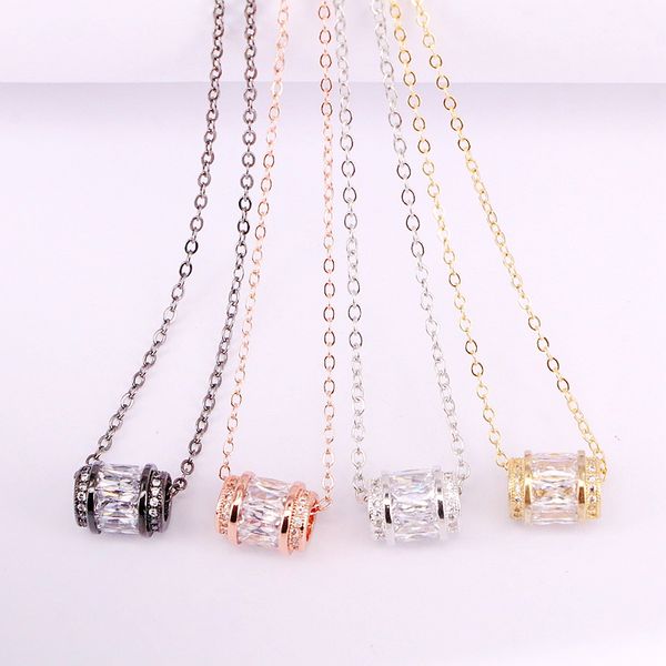 

6pcs, fashion white zirconia charm pendant crystal copper cz micro pave small tube shaped metal filled necklaces, Silver