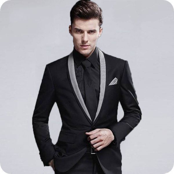 

vintage men suits black groom wedding tuxedos man blazer 2piece one button shawl lapel groomsmen jacket pants slim fit terno masculino, Black;gray