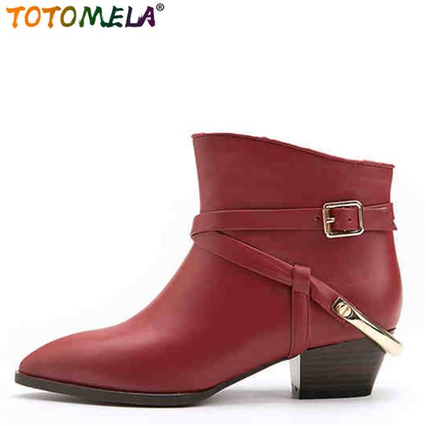 

totomela plus size 34-43 retro genuine leather boots women buckle ladies ankle boots fashion shoes buckle punk western, Black