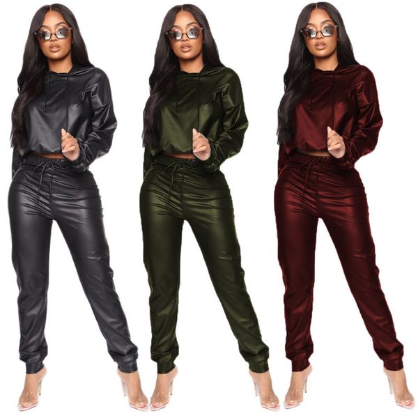 

solid color womens pu tracksuits long sleeve crew neck womens sports two piece sets womens casual tracksuits, Gray