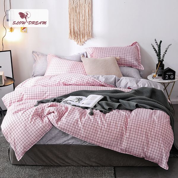 

slowdream geometry art bedding set pink grid duvet cover flat sheet pillowcase bed linen nordic bedclothes decor home textiles