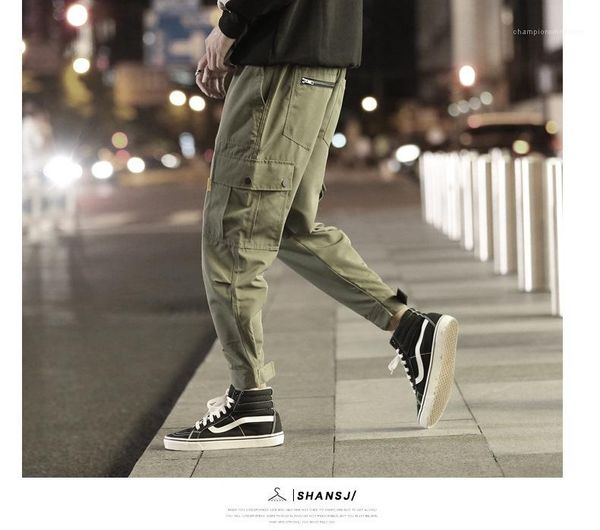 

fashion multi pocket drawstring cargo pants loose hip pop casual trousers mens 2020 luxury designer pants, Black
