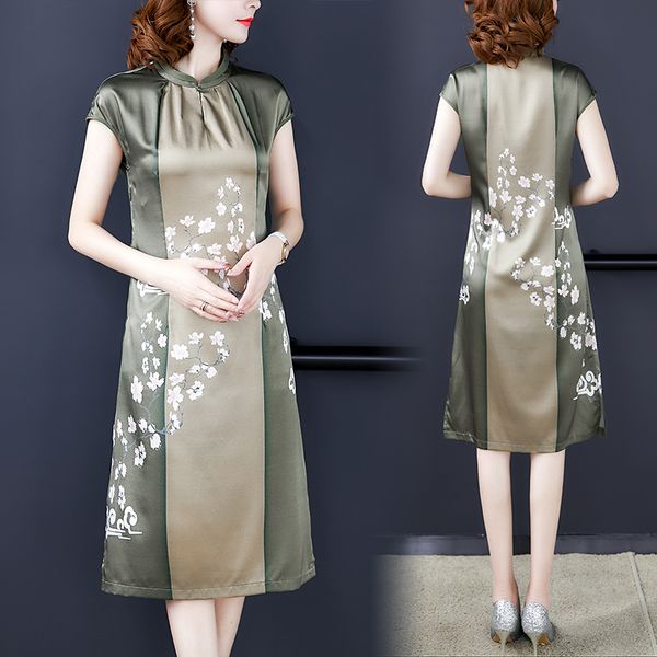 

vestidos spring summer lady elegant multicolor retro print dresses faux silk women casual stand dress, Black;gray