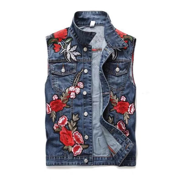 

fashion men's denim vest men's design rose embroidery motorcycle denim vest vest denim sleeveless jacket, Black;white
