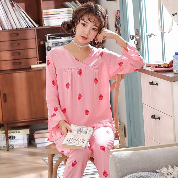 

2019 new girl sweet 2pcs nightwear lounge home wear printed v-neck shirt+pants pijama pijama set cotton sleepwear negligee, Blue;gray