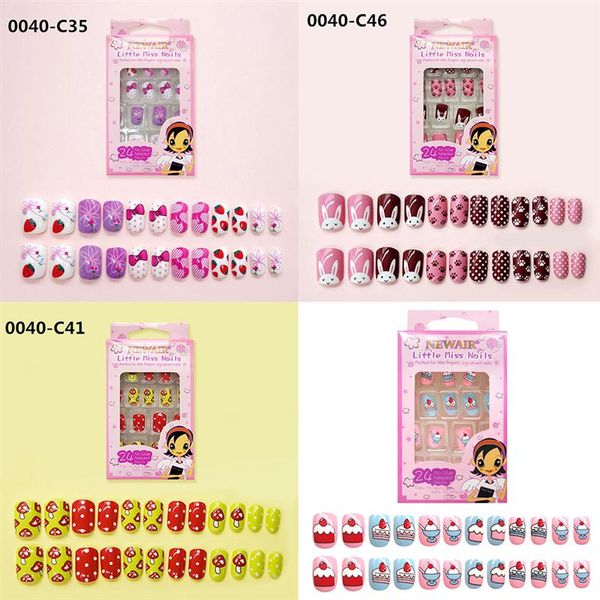 

1 pack 24pcs cute full cover false nail fake nail artificial tips cartoon design for children kids, Red;gold