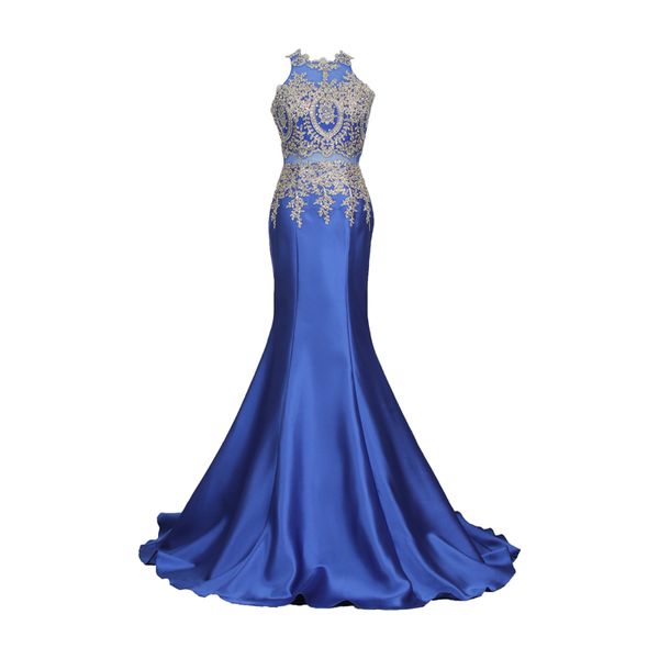 

royal blue satin mermaid evening dresses with lace appliques 2020 in stock long prom gown open back party dress, Black;red