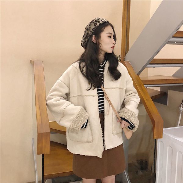 

autumn winter new women coats korean two sides wearing long-sleeved imitation lamb hair parkas loose o-neck thick jacket ml252, Black