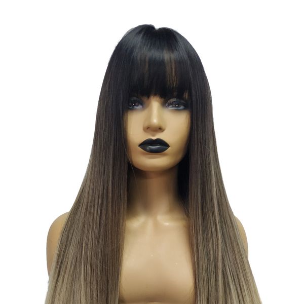 

women black long straight wig whole hairpiece with bangs, natural soft wig