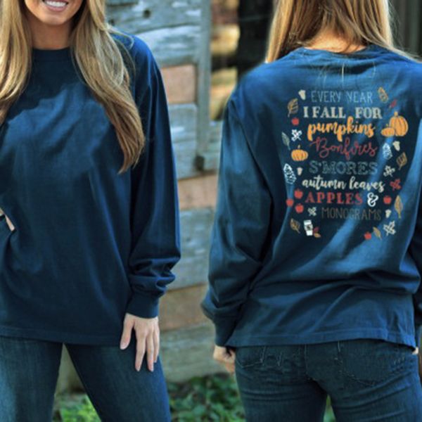 

women back letter print long sleeve hoodie round neck tees all match top, Black