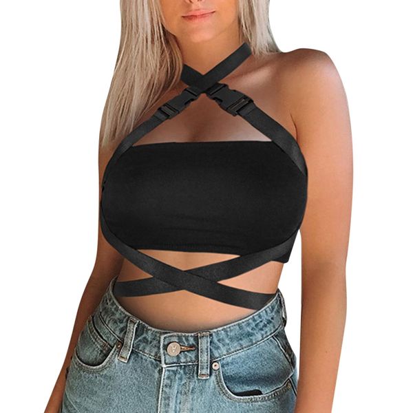 

crossover halter tanks women's slim navel crop summer fashion crossed wrap roupas feminina @yl, White