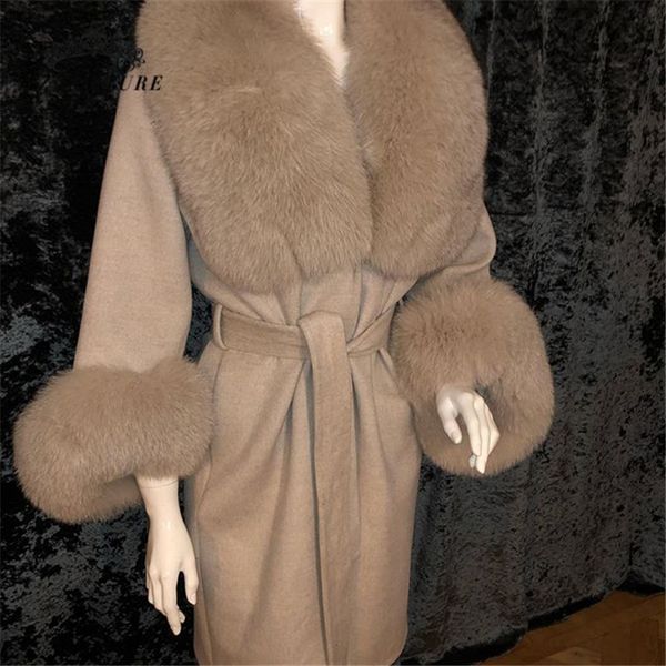 

женщины шерстяное пальто вскользь шерстяное outwear меховой воротник с длинным рукавом натурального меха кардиган coat abrigos mujer inviern, Black