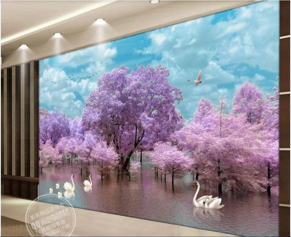 

3d wallpaper custom p murals beautiful fantasy pink swan lake tree scenery tv background wall wallpaper for walls 3 d