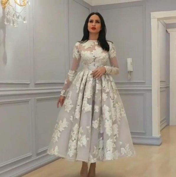 

african a line short wedding dresses with long sleeves lace appliques tea length bridal dresses saudi arabic wedding gowns plus size, White