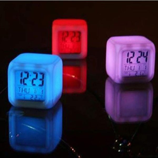 

cute creative digital alarm night glowing cube 7 colors change square shape led table clock de mesa despertador