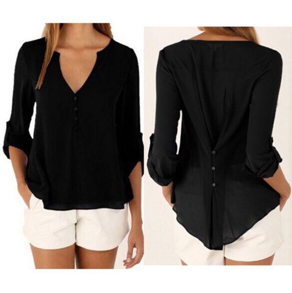 

женщины плюс размер топы элегантный v-образным вырезом повседневная мода блузки с длинными рукавами шифон осень весна лето тройники, White