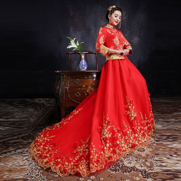 

phoenix wedding qipao long winter bride cheongsam fashion chinese traditional dress red embroidery traditionnel chinois