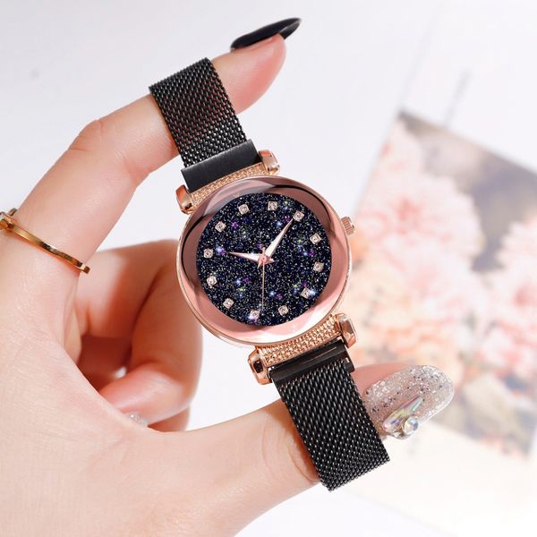 

luxury watches women fashion magnetic mesh strap starry sky ladies wrist watch diamond luminous woman quartz clock, Slivery;brown