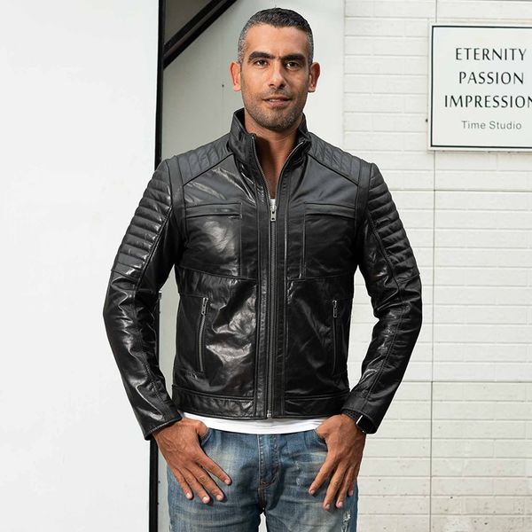 

a1777 read description asian size super quality men's genuine cow leather rider coat cowhide leather stylish rider jacket, Black