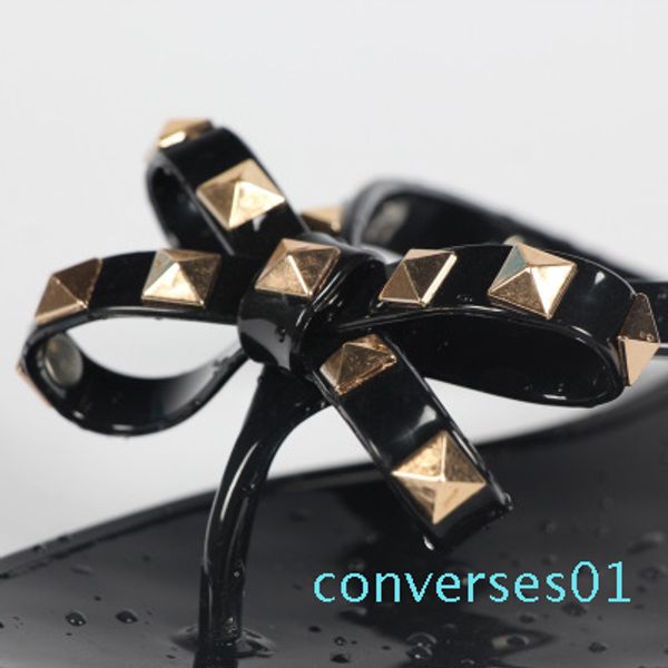 

new 2018 woman summer sandals rivets big bowknot flip flops beach sandalias femininas flat jelly designer sandals co011, Black