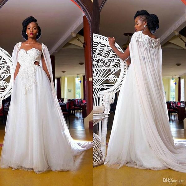 Abiti da sposa vintage in pizzo con mantello Abiti da festa di nozze per ragazza nera africana Abiti da sposa bohemien taglie forti Abito da sposa