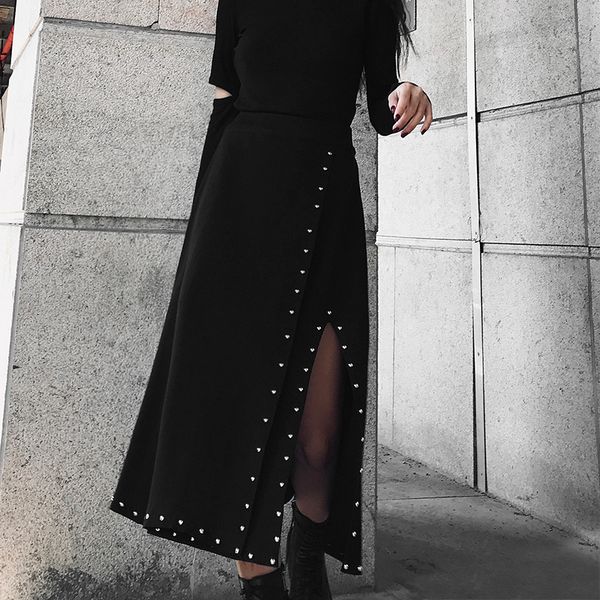 

women autumn winter black high waist rivet slit punk long knitted skirt female streetwear gothic slim casual plus size skirts
