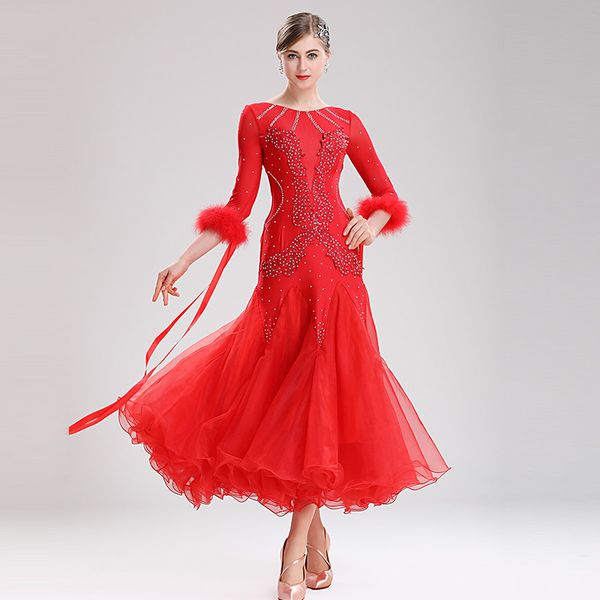 

ballroom modern dance dress women dancer performance big swing dresses feather high quality national standard dance dress h2480, Black;red