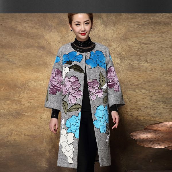 

gray embroidered woolen coat 2017 autumn / winter new large size women's wool jacket applique woolen coat jacket, Black