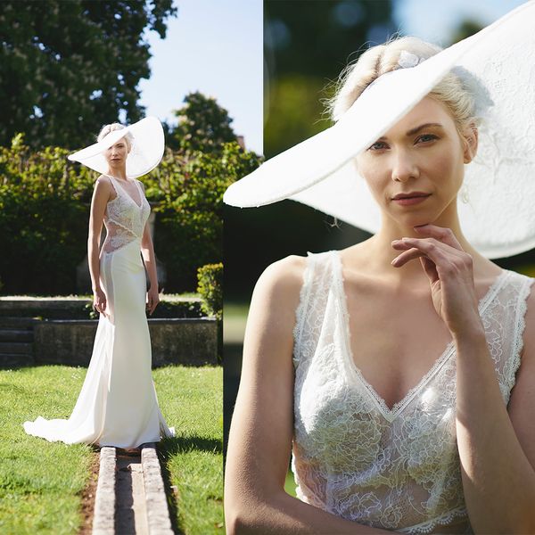 

simple cymbeline wedding dresses v neck sleeveless tulle satin applique wedding gown sweep train custom robe de mariÃ©e, White