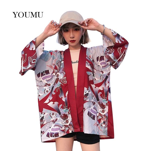 

women's jackets women kimono jacket outwear three quarter japanese style printed loose harajuku girl streetwear vintage coat summer 91, Black;brown