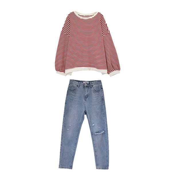 

2019 fashion suit 2 sets round neck pullover t-shirt shredded denim pants suit for spring women set feminine, White